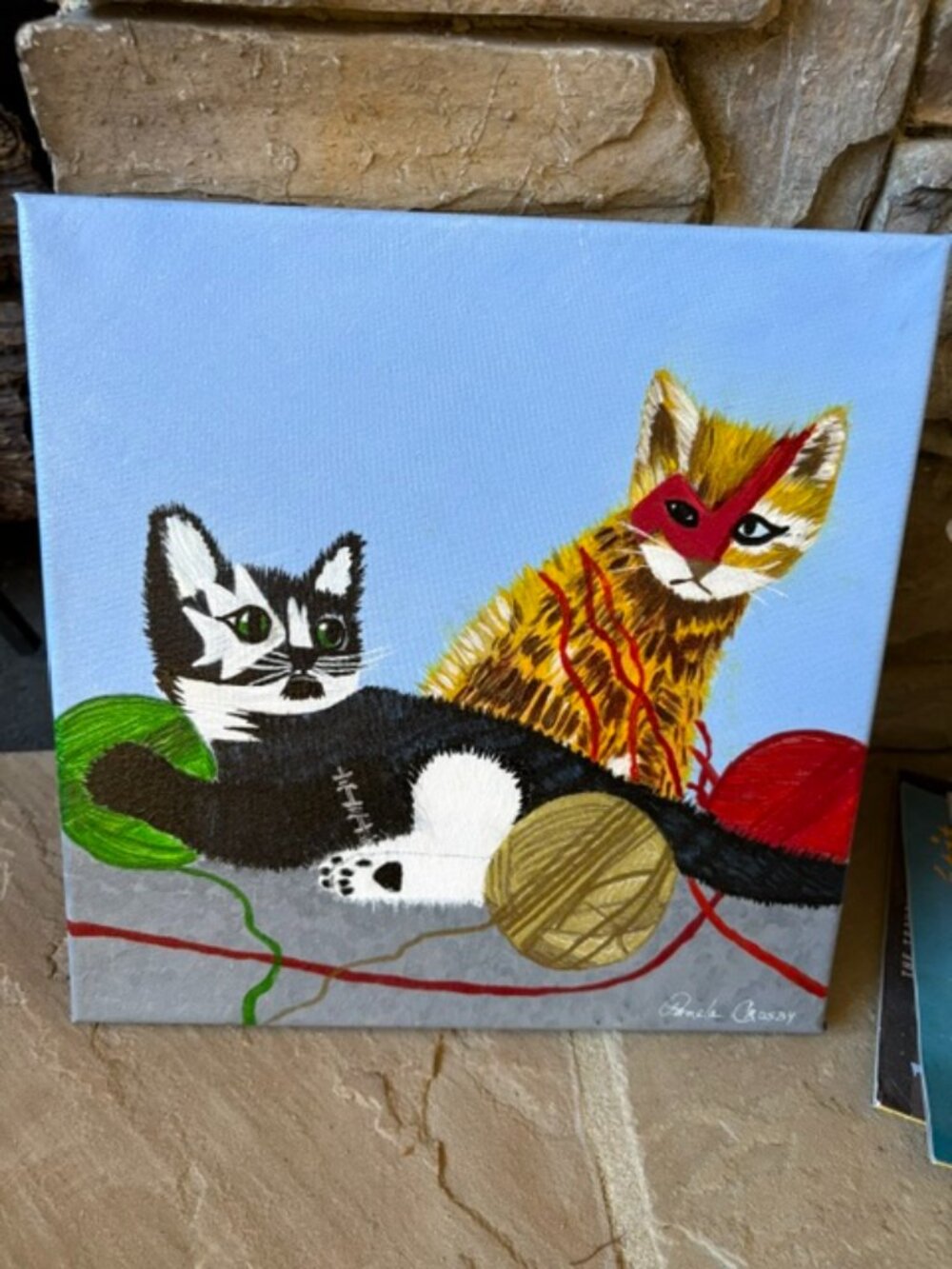 Original Pamela Crosby Art Signed Punk Cats Bowie Bolt Painting Canvas 12 x 12